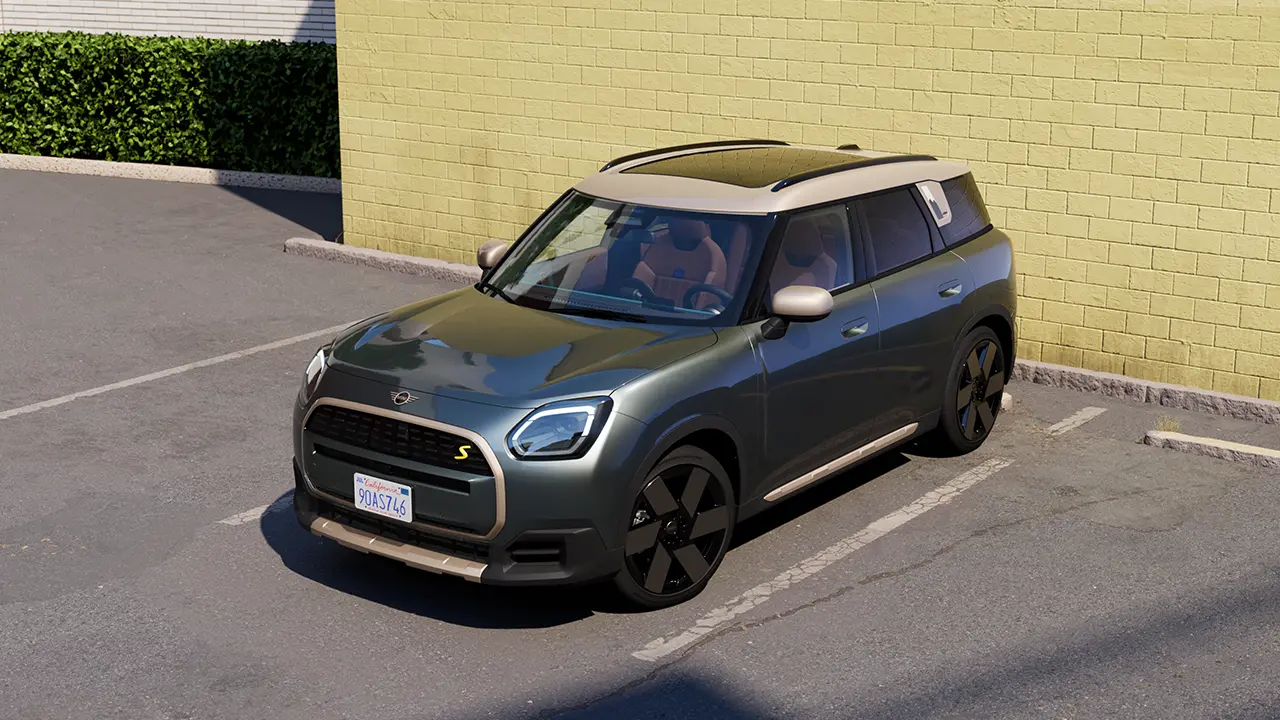 Video showcasing the interior and exterior of a MINI Countryman in detail. The camera pans over the dashboard, highlighting design elements. MINI Countryman - exterior - front view